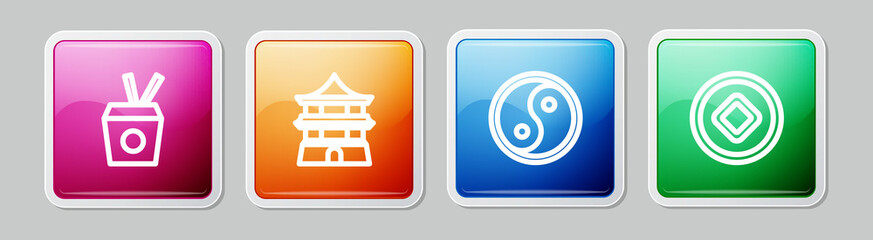 Sticker - Set line Noodles in box and chopsticks, Chinese house, Yin Yang and Yuan currency. Colorful square button. Vector