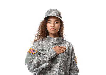 Wall Mural - African-American female soldier on white background