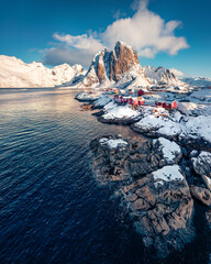 Wall Mural - beautiful spring scenery. amazing morning view of hamnoy village, lofoten islands. picturesque sprin