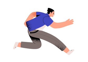 Poster - Person running at fast speed, hurrying and rushing in life race. Concept of aspirations and challenges. Man moving forward with all might. Colored flat vector illustration isolated on white background