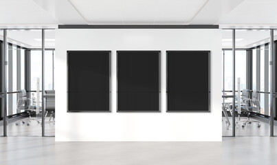 Aufkleber - Three vertical frames Mockup hanging on wall. Mock up of billboards in modern concrete office interior 3D rendering