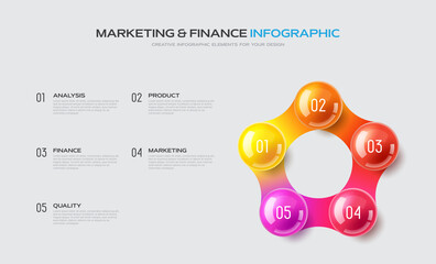 Wall Mural - 4 Steps Business infographic presentation. 3d glossy balls composition. Statistics graphic visualisation.