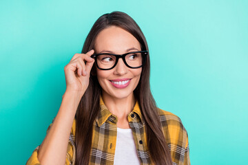 Sticker - Photo of hr young brunette lady look empty space wear spectacles yellow shirt isolated on turquoise color background