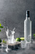 Bottle of vodka with splash shot glass on concrete background with copyspace.. Vertical format.