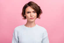 Photo Of Unhappy Young Woman Bad Mood Irritated Problem Raise Eyebrow Isolated On Pink Color Background