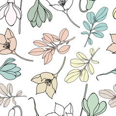 Wall Mural - Seamless leaves and branches in pastel colors on a white background. Floral and simple light ornament. Vector illustration.