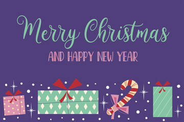 Wall Mural - Christmas background retro banner with text merry christmas and gifts.Purple cover with stars, snowflakes, ribbon boxes and candy cane. Festive congratulations. Vector illustration.