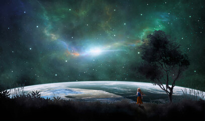 Wall Mural - cute small girl in dress walking on land with tree and planet under colorful nebula. elements furnis