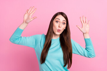 Sticker - Photo of amazed positive cheerful young woman raise hands good mood sale isolated on pink color background