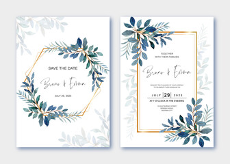 Wall Mural - Set wedding invitation template with leaves watercolor