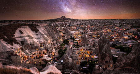 Wall Mural - Beautiful scenes in Goreme national park in the valley Cappadocia, Turkey at night. Incredible rock formations 