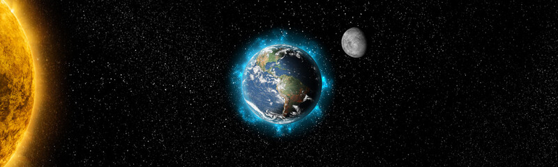 Wall Mural - sun star and planet earth and moon in space front view. cosmic background.solar system.elements of t