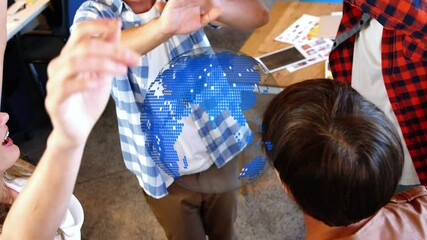 Poster - Animation of globe over work colleagues high fiving and embracing in background