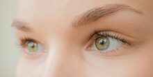 Close-up Of Bright Green Eyes Of A Girl.