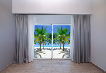 Canvas Print - large glass door overlooking the beach