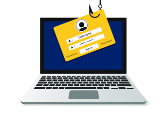 Aufkleber - Login into account in email envelope and fishing hook. Internet phishing, hacked login and password. Netwrok and internet security. Anti virus, spyware, malware. Vector illustration in flat style