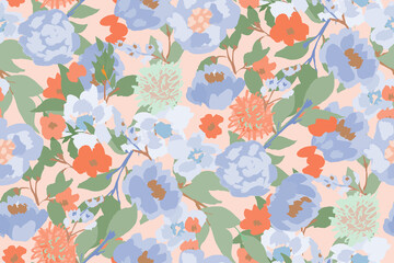 Abstract seamless pattern with bright, juicy flowers