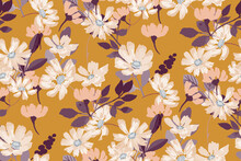Beautiful Autumn Floral Seamless Pattern In Warm Orange Color. Chintz Print With Wildflowers.