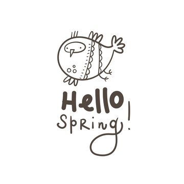 Vector spring card with cute bird. Cartoon springtime poster. Vector doodle print. Little funny animal.