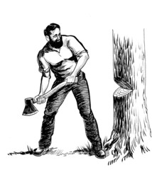 Canadian lumberjack cutting tree with an axe. Ink black and white drawing