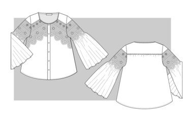 Summer textile Blouse with lace and long bell sleeves. Technical sketch.