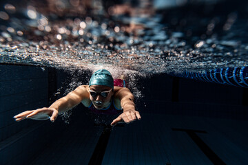 underwater view of swimming movements details. one female swimmer in swimming cap and goggles traini