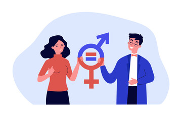 Wall Mural - Female and male entrepreneurs with gender equal symbols. Professional parity between men and women flat vector illustration. Gender equality concept for banner, website design or landing web page