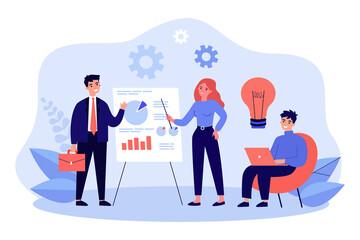Poster - Businesswoman speaking, presenting graphs on board presentation. Group of business people training flat vector illustration. Education, lecture concept for banner, website design or landing web page