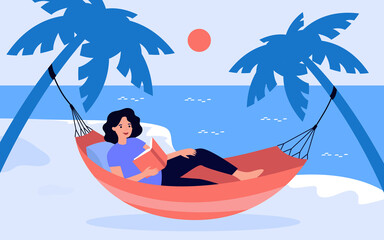 Wall Mural - Woman reading paper book in hammock of summer sand beach. Girl relaxing under palm trees flat vector illustration. Travel vacation, tourism concept for banner, website design or landing web page