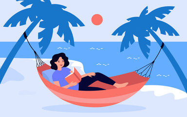 Woman reading paper book in hammock of summer sand beach. Girl relaxing under palm trees flat vector illustration. Travel vacation, tourism concept for banner, website design or landing web page