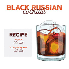 Wall Mural - Black Russian Cocktail Illustration Recipe Drink with Ingredients