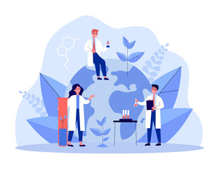 Scientists growing sprouts of plants in laboratory flasks. Environmental chemical research of people flat vector illustration. Ecology, science concept for banner, website design or landing web page