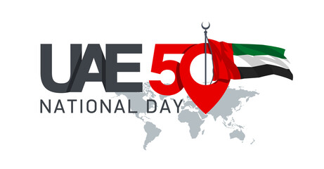 Fifty UAE national day, Spirit of the union. Point map banner with UAE state flag. Illustration of 50 National day United Arab Emirates. Card in honor of the 50th anniversary 2 December 1971 - 2021