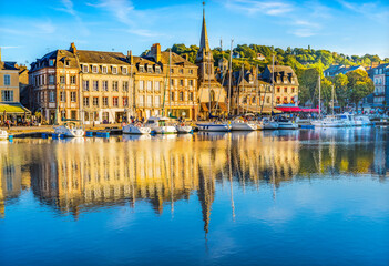 Wall Mural - Yachts Boats Waterfront Reflection Inner Harbor Honfluer France