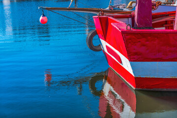 Wall Mural - Red Boat Waterfront Reflection Inner Harbor Honfluer France