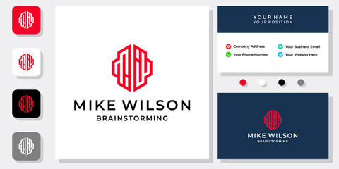 Initial letter MW monogram brain education sport with business card template.