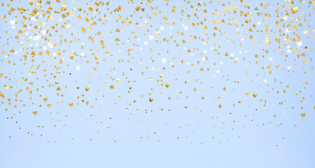 Gold shining flying hearts on blue background.