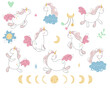 Set of cute cartoon unicorns with clouds, moon phases, stars. Vector illustration isolated on a white background. For sticker, embroidery, design, decoration, print, t-shirt, dishes, children textile.