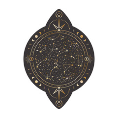 Wall Mural - vector round celestial sticker with a golden shining zodiac constellations and stars in frame with m