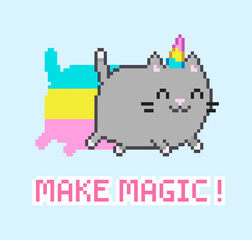 Poster - Pixel Art cartoon Cat Unicorn with Rainbow flying on blue background. Kawaii style Caticorn vector illustration. Cute running Unicorn Kitten with 