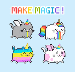 Poster - Pixel Art cartoon Psychedelic Cats Unicorns  with Rainbow, Pink Wings flying and running. Kawaii style Caticorn humorous meme vector illustration. Cute puking Unicorn Kitten with 