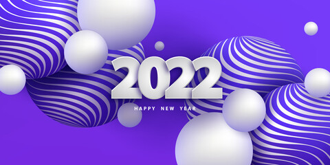 Wall Mural - Happy new year 2022. Festive purple background with 3D spheres and numbers. Banner with white balls. Vector illustration in realistic style. Design poster, flyer, wallpaper. Stock.