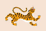 Fototapeta Dinusie - Roar tiger flat icon. Vector illustration. Chinese New year 2022 symbol. Indian or african angry wild cat, cartoon poster.