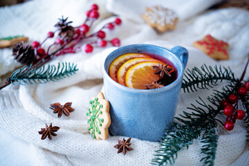 Wall Mural - Mulled wine with oranges and anise in a cup