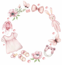 Baby Girl Wreath Clipart, Watercolor Pink Shoes Frame, Florals Arrangement, Nursery Clip Art, Card Making, Baby Shower Graphics, Tags Design