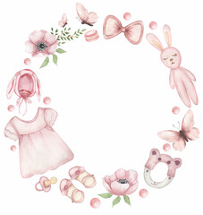 Baby Girl Wreath Clipart, Watercolor Pink Shoes Frame, Florals arrangement, Nursery clip art, Card making, Baby Shower graphics, tags design