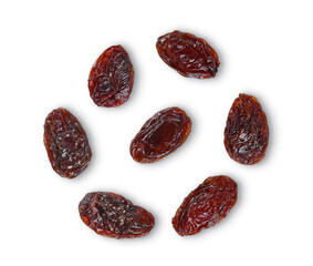 Wall Mural - Top view of dried raisins isolated on white background.