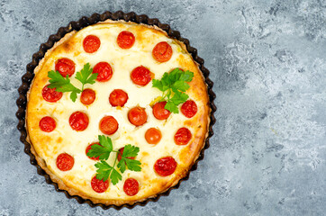 Wall Mural - Homemade baking. Cherry tomato snack pie. Studio Photo.