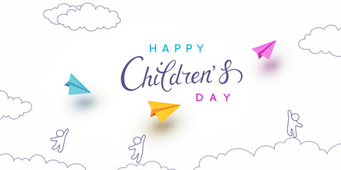 Children's Day with flying colorful 3d paper balloons and airplanes on sky background. Vector doodle cartoon kids, planes, ballons poster template