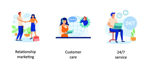  Relationship marketing, Customer care, 24/7 service. Customer loyalty abstract concept vector illustration set.